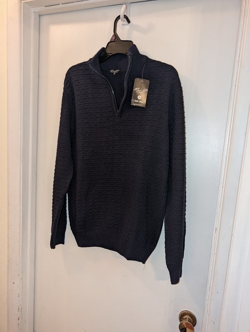 Mens Quarter Zip Sweater - Rian D Los Angeles 100% Cotton - Navy Blue Size M NWT